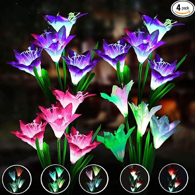 ANGMLN 4 Pack Solar Flower Lights,16 Bigger Head Solar Lily Flowers, 7 Color Changing Pathway Lights for Garden Patio Yard Outdoor Garden Stake Decoration (Purple2&White1&Pink1)