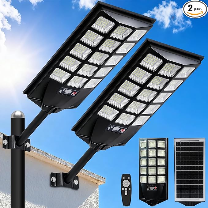 Jercoda Solar Lights Outdoor Waterproof, 50000LM 6500K Dusk to Dawn Solar Powered Street Light Motion Sensor with Remote, LED Security Flood Light for Outside Garden Yard Parking Lot Pathway, 2 Pack