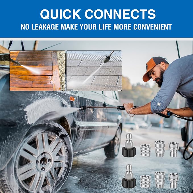 Premium Pressure Washer Quick Connect Kit M22 14mm Power Washer Adapter Set | M22 Swivel to 3/8'' Quick Connect, 3/4'' to Quick Release, Quick Connect Pressure Washer Fittings (Stainless Steel)