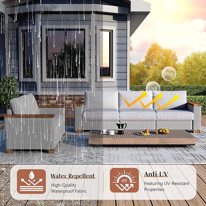 5-Piece Patio Furniture Sets, Wicker Sofa Set with 5.9" Wider Solid Wood Armrest, Outdoor Conversation Set with Wood Legs, Patio Sectional Set for Backyards, Porch, Poolside, Garden