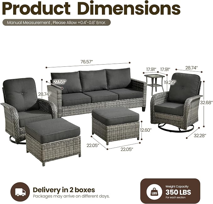 6 Piece Wicker Patio Furniture with Swivel Rocker Chair, Black | High Back Swivel Rocker Chairs, Outdoor Sofa Ottoman, Heavy Duty, All Weather Rattan Modern Conversation Sets, Deck Backyard