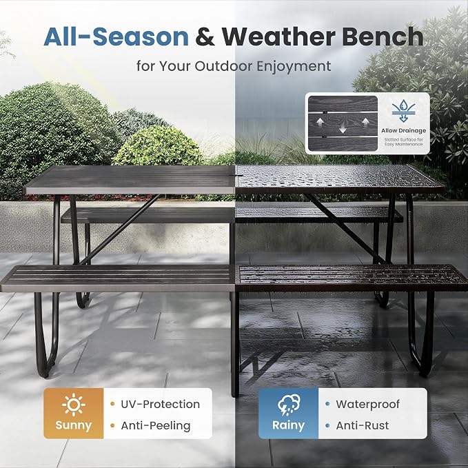 PHI VILLA 70" Outdoor Metal Table Bench Set for 4, w/Umbrella Hole | Black wood grain pattern, all weather. Dining furniture set for patio deck yard porch.