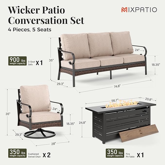Patio Furniture Set with 56'' Fire Pit Table, Black Frame Outdoor Conversation Set with 2 x Swivel Chairs, 1 x 3-Seat Sofa for Lawn Garden Backyard, Beige