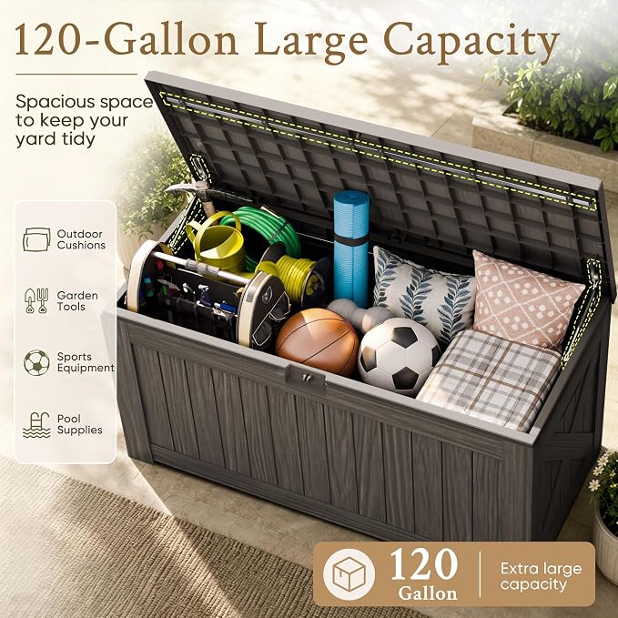 Devoko 120 Gallon Deck Box Resin Outdoor Storage Box Waterproof for Patio, Large Outdoor Storage Bench Lockable for Outside (Deep Brown)