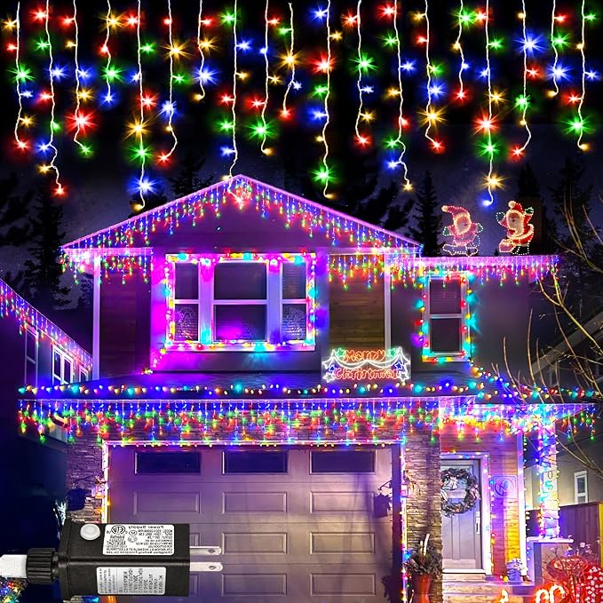 Colored Christmas Lights Outdoor 66ft 640 LED Icicle Lights for Outside | Connectable Clear Wire 8 Modes Timer Plug in Waterproof for House Xmas Yard Tree Eaves Party Holiday Decoration, Multicolor