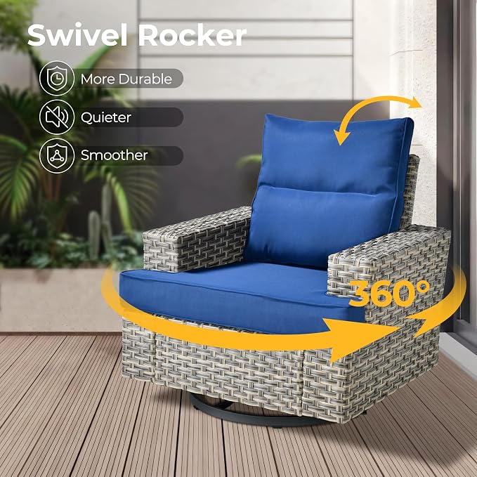 HOOOWOOO Sectional Patio Furniture Set with Fire Pit Table,12 Pieces Wicker Outdoor Furniture L Shaped Couch,Outside Conversation Set Extra Deep Sofa Wide Arm Swivel Chairs Solar Light,Navy Blue