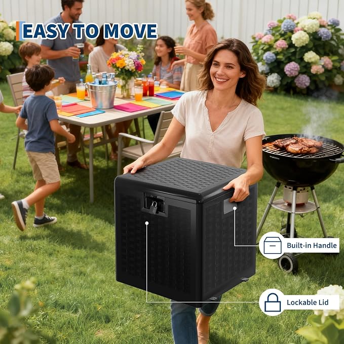 28 Gallon Outdoor Storage Box, Large Resin Deck Box with Lockable Lid & UV Resistant, All-Weather Deck Box for Patio Furniture, Pool Accessories, Gardening Tools, Black
