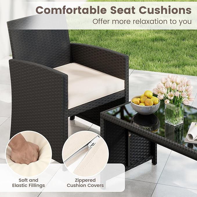HAPPYGRILL 4 Piece Rattan Wicker Patio Conversation Set, Outdoor Furniture with Chair Loveseat Table & Cushion, for Backyard Porch Balcony (2, Black & Off White)