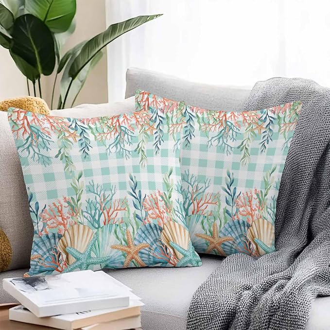 Throw Pillow Covers 20x20 Inch Set of 2, Summer Coastal Waterproof Outdoor Pillow Covers, Watercolor Corals Shells Starfish Green Plaid Decorative Cushion Pillowcases for Couch, Sofa, Bed, Patio