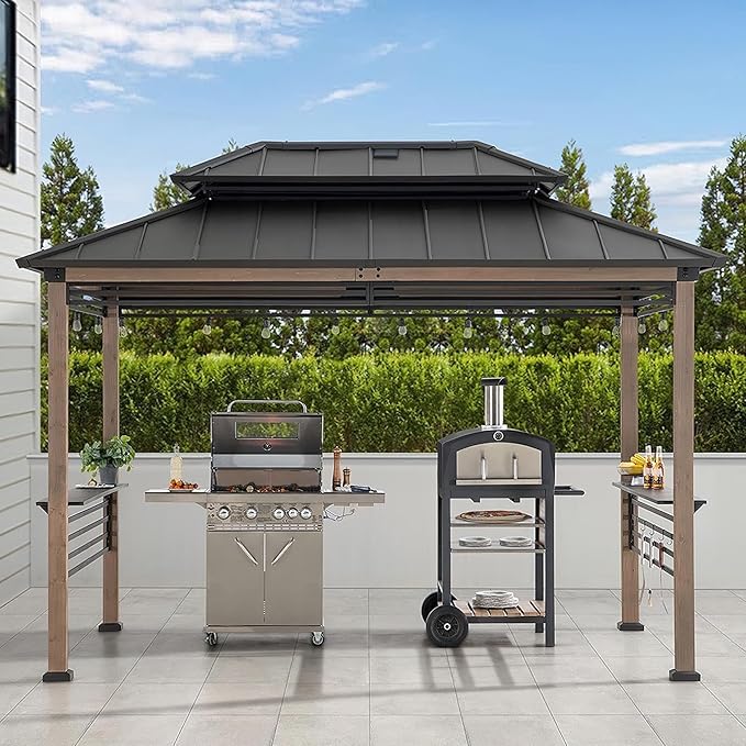 Sunjoy Wooden Grill Gazebo with Solar Power, 8 x 12 ft. Hardtop Gazebo for Year-Round Grilling, Outdoor Cedar Frame Cooking Shelter with Decorative Fence for Backyard BBQs Party, Brown