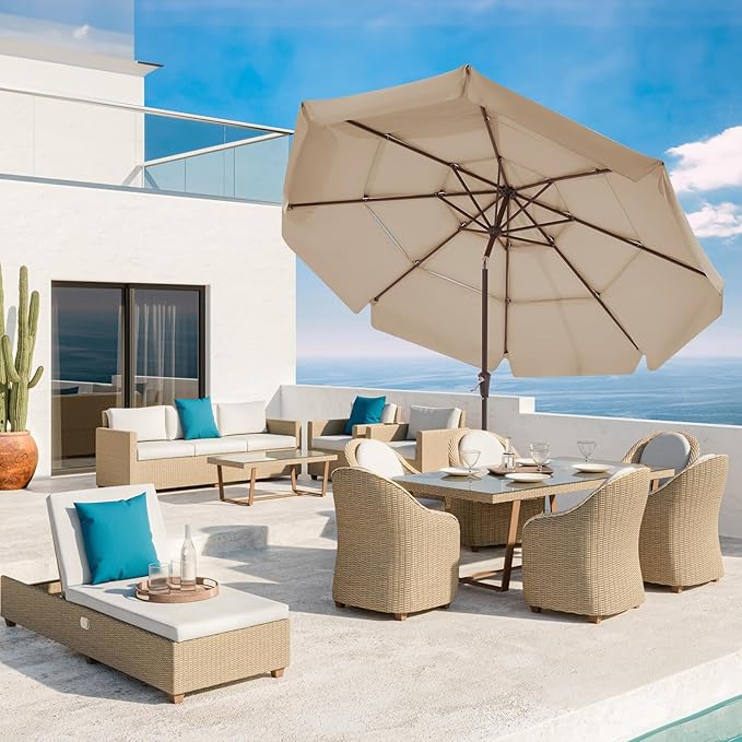 JEAREY 3 Tiers 9 FT Patio Umbrellas Outdoor Table Umbrella with Push Button Market Umbrella 8 Sturdy Ribs UV Protection Waterproof for Garden,Beige