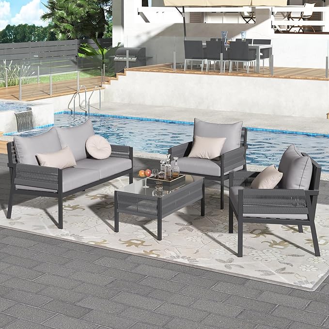 Harper & Bright Designs K&K 4-Piece Rope Patio Furniture Set, Outdoor Furniture with Tempered Glass Table, Patio Conversation Set Deep Seating with Thick Cushion for Backyard Porch Balcony (Grey)
