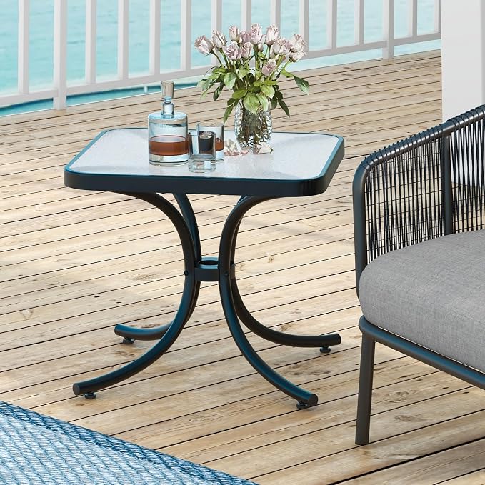 HAPPYGRILL Outdoor Side Table Set of 2, Square Patio End Table with Tempered Glass Top, 20" Bistro Table with Metal Frame, Small Compact Coffee Table for Garden Backyard Poolside