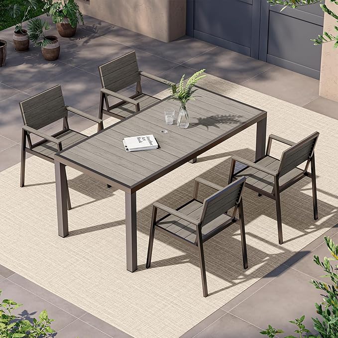 Vexwalx 5-Piece Outdoor Dining Set, Aluminum Dining Table Set for 4, Patio Table and Chairs Set with Umbrella Hole, All Weather HDPS Outdoor Table and Chairs for 4 (Gray)