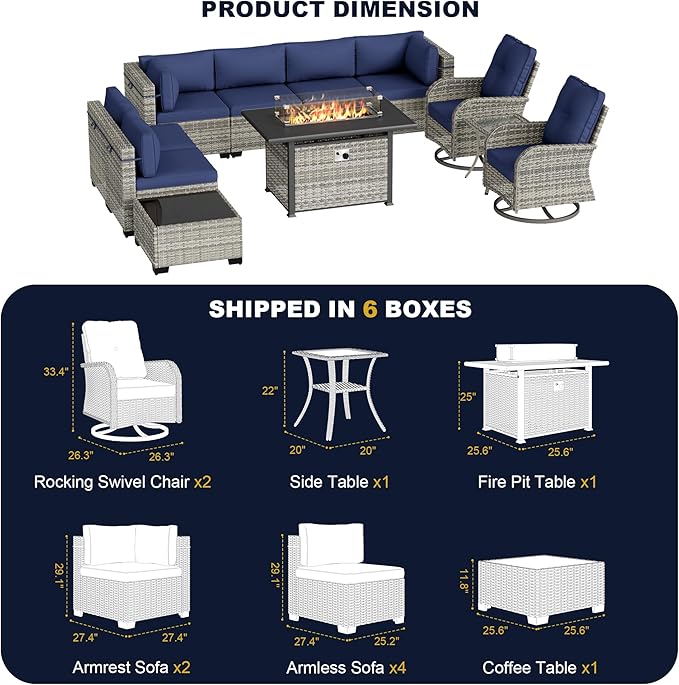 11-Piece Outdoor Patio Furniture Set with Rocking Swivel Chair, Wicker Rattan Sectional Sofa Conversation Set with 55,000 BTU Fire Pit Table, Backyard Furniture, Navy Blue