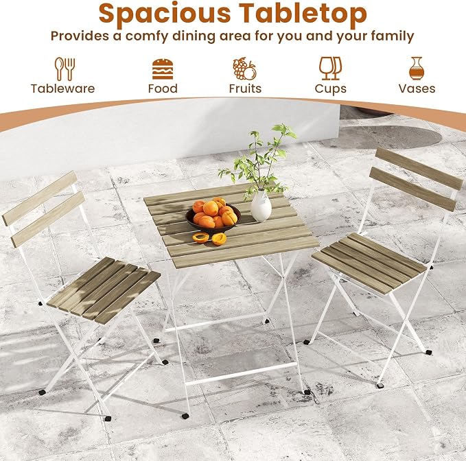 Tangkula 3 Pieces Patio Dining Set, Outdoor Square Table and Folding Chairs with Metal Frame, Space Saving Furniture Set for Yard Porch Deck Backyard (Grey)