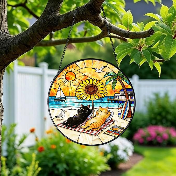 Cat Stained Glass Suncatcher Window, Cat Sun Catchers Indoor Window, Suncatcher for Mom/Women (Black & Orange)