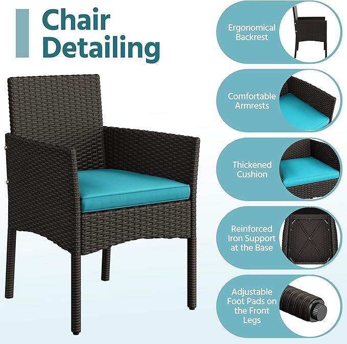 Yaheetech Patio Furniture Set 4 Pieces Conversation Sets, Rattan Chair Wicker Set Loveseat with Soft Cushion and Glass Table for Backyard Porch Garden Poolside Balcony, Brown and Cyan