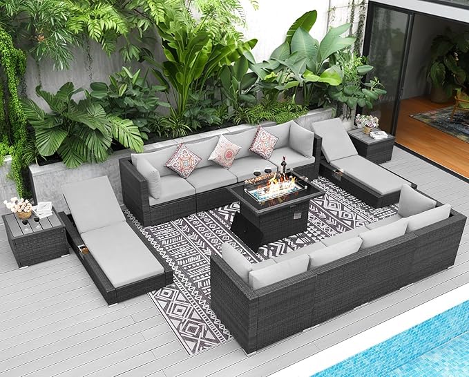 NICESOUL 13 Piece Outdoor Wicker Furniture for Patios with Fire Pits, Oversize Grey Outside Patio Set with Matching Lounges, 29.3" High Back Sectional Couch Sets for Tall Big People for Poolside, Yard