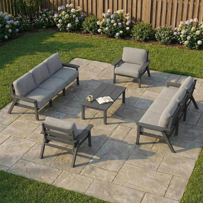 Kingdura HDPE Patio Furniture Set, 9 Piece Outdoor Sectional Sofa with Coffee Table, All Weather Outdoor Couch Conversation Set with Washable Cushions for Backyard Poolside Balcony