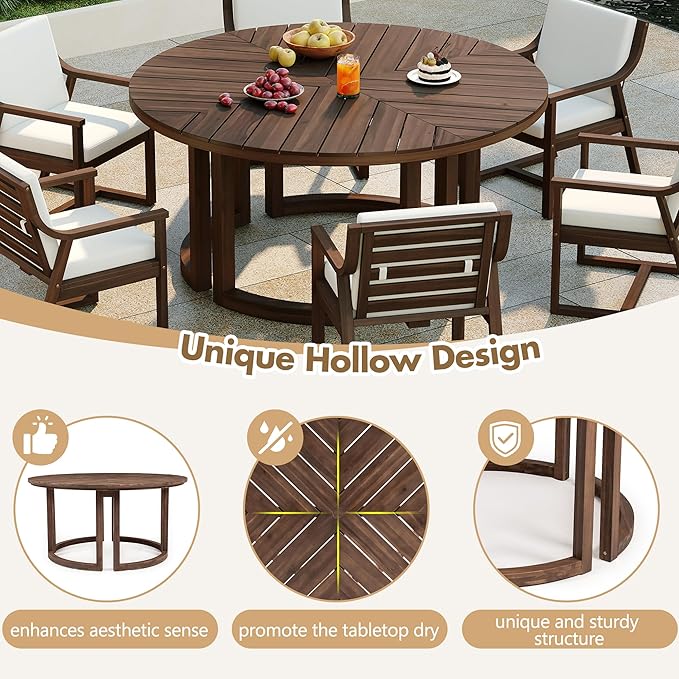 Merax 7 Pieces Outdoor Dining Set for 6 People, Acacia Wood Patio Furniture Sets with Round Table and Six Cushioned Chairs for Backyard, Garden, Lawn, Poolside, Tabletop with Umbrella Hole, Mocha
