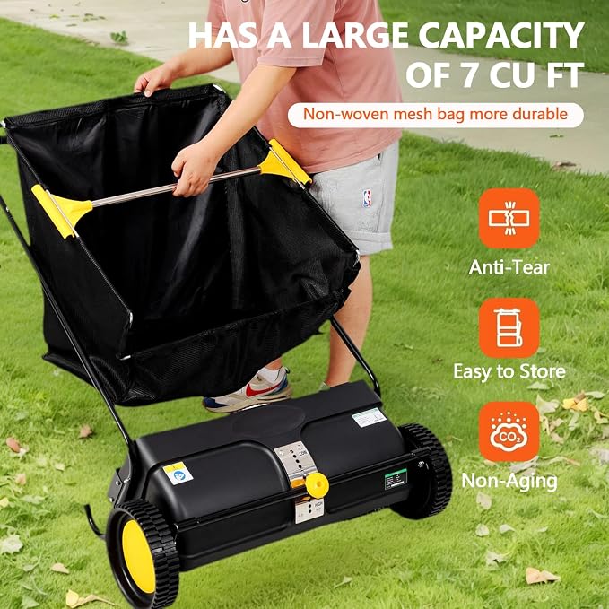 2026 Upgraded 26 Inch Push Lawn Sweeper | 4 Spinning Brushes & Adjustable Height for Deep Cleaning | Large 3.5 cu ft Bag for Leaves, Grass, Debris on Lawns & Driveways (26 Inch,Black)