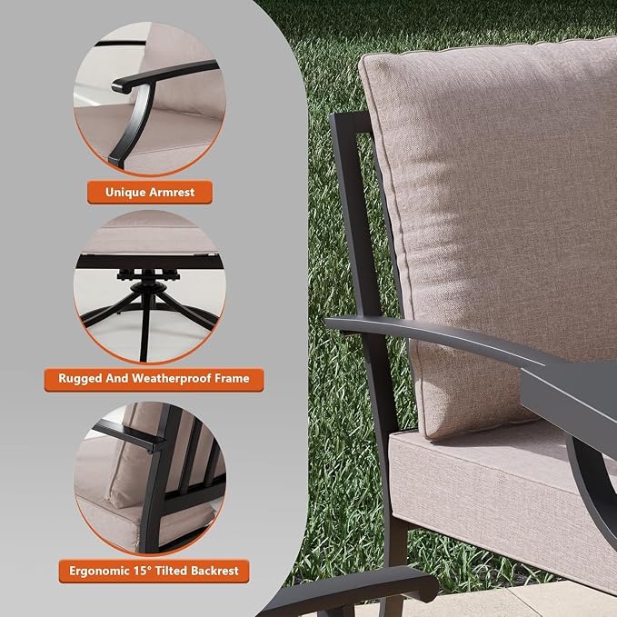 Kullavik 7 Piece Metal Outdoor Patio Furniture Set with Fire Pit Table,Outdoor Dining Table Set with 6 Swivel Chairs and 55000 BTU Outdoor Round Fire Pit,Sand