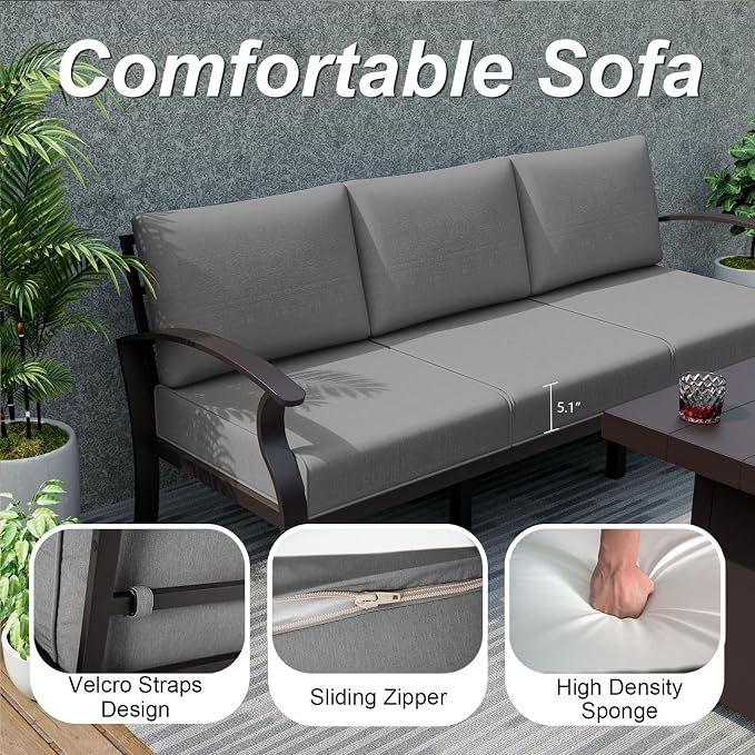 ALAULM Aluminum 3-Seat Patio Furniture Set, Metal Outdoor Furniture Sectional Sofas w/5.1" Cushions for Patio, Backyard, Poolside-Grey