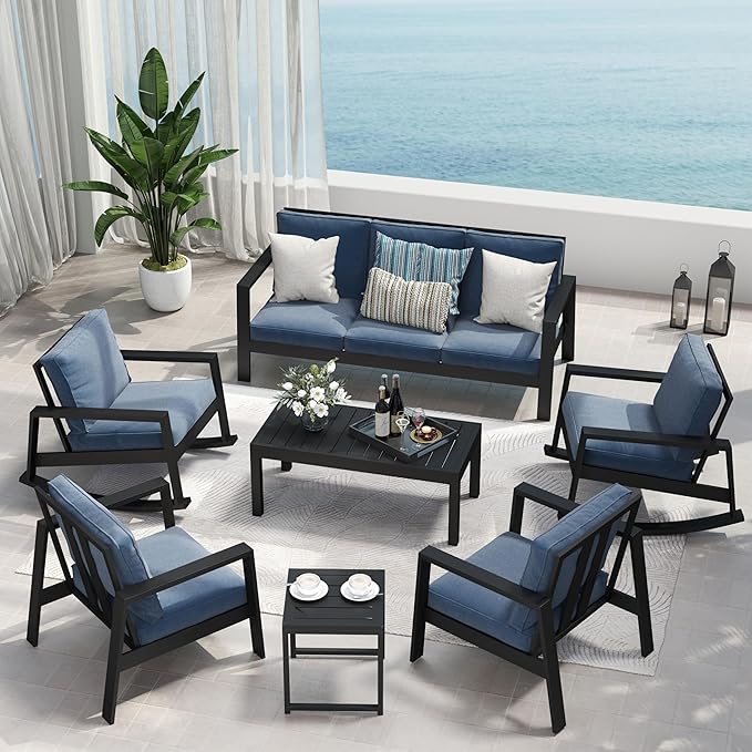 Solaste Aluminum Outdoor Furniture Set, 7 Seats Water-Resistant Patio Conversation Furniture Set, Metal Patio Sofa Set with Coffee Table for Backyard Poolside Garden, Blue