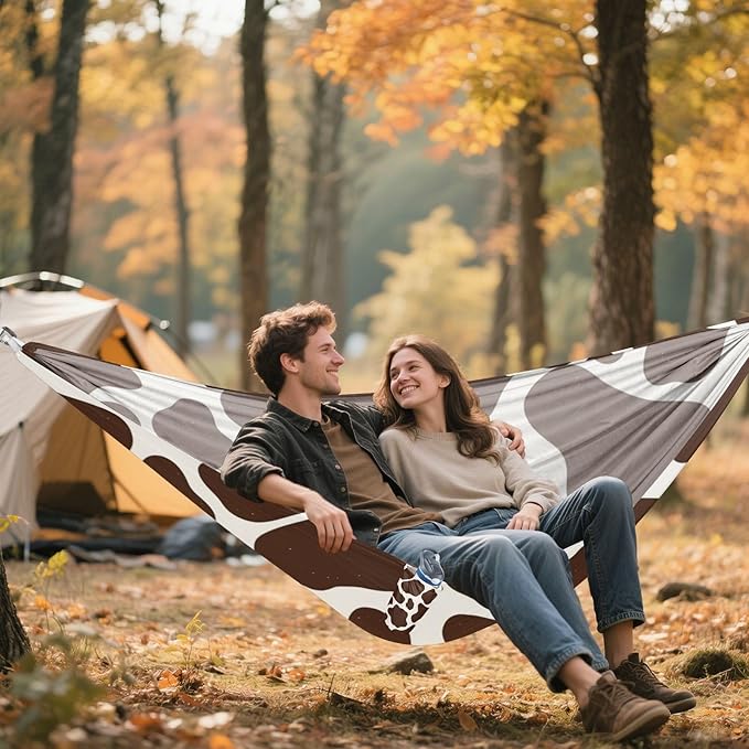 Brown Cow Print 330lb Capacity Outdoor Hammocks with Hanging Rope Fabric Hammock for Patio Backyard Lounge Base para ir de Camping