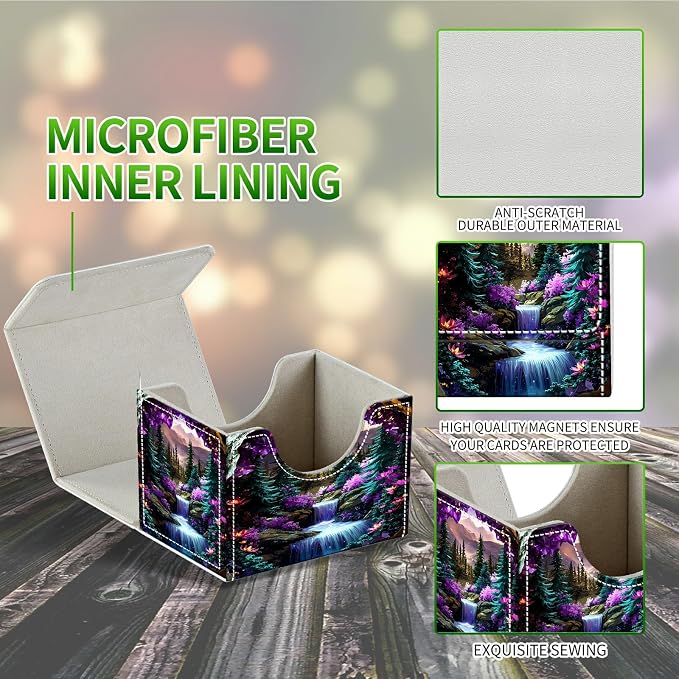 Card Deck Box for MTG, Cards Storage Box Fits 120+ Sleeved, Leather Small Size Strong Magnetic Closing Card Case for Board Games Magic TCG CCG Baseball Collection, Purple Mountains