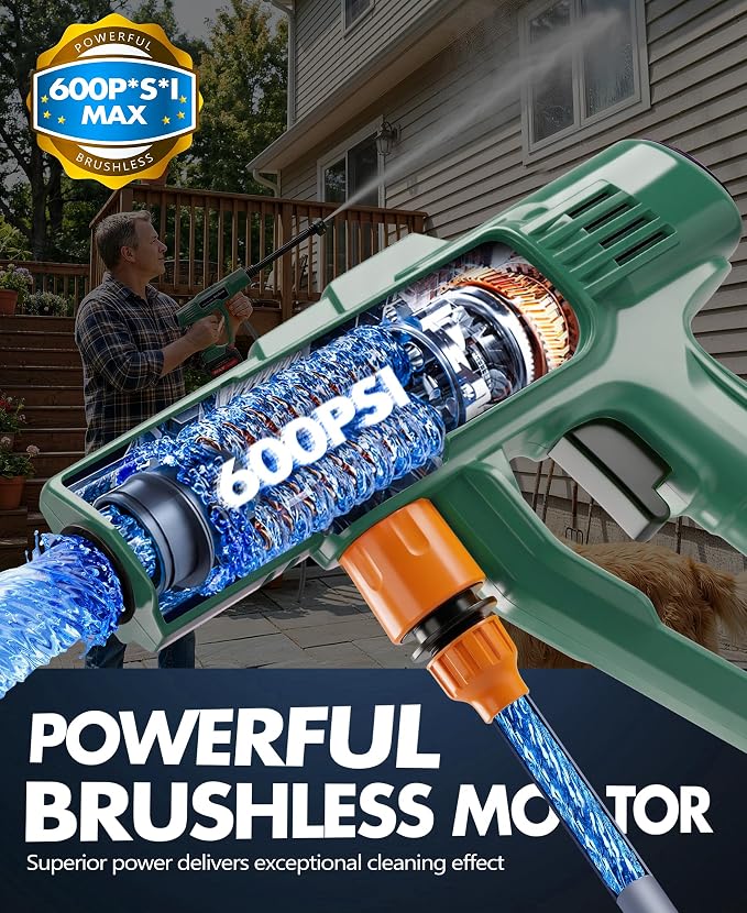 BluSwim Cordless Car Cleaning Tool with LCD Display, Portable Vehicle Cleaner with Brushless Motor, 3 Levels Adjustable Battery Powered Water Sprayer with 16.5FT Hose, 6-in-1 Nozzle for Patio - Green