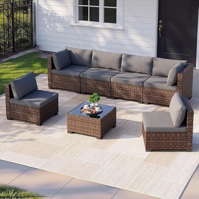 7 Pieces Wicker Patio Conversation Set Grey Outdoor Sectional Rattan Sofa Set Patio Furniture Sets with Cushions and Glass Coffee Table for Balcony Porch Garden