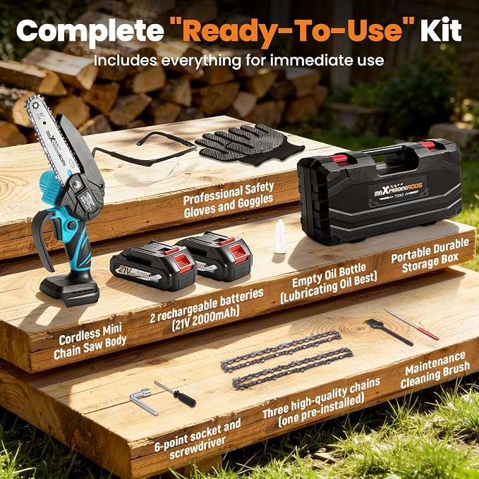 maXpeedingrods Mini Chainsaw Cordless, 6 inch Chainsaw Handheld Power Chain Saws with 2 Batteries, 3 x Durable Chains, Electric Chainsaw Lightweight Handheld Saw for Tree Trimming, Wood Cutting, Blue