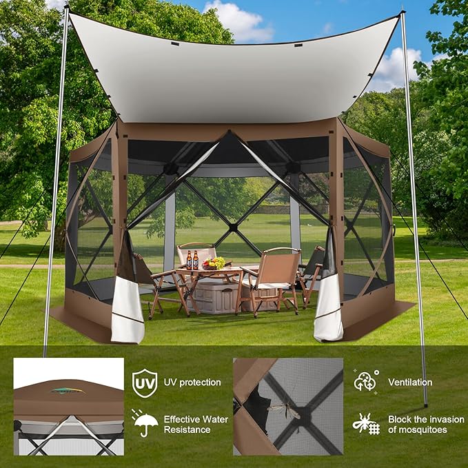 COBIZI 12x12 FT Pop Up Canopy Extendable Tent, Gazebos On Clearance with Removable Roof,Screened in Gazebo,Screen Tents Portable carpas para Patio for Outdoor Camping,Backyard, Garden,Brown(Upgraded)