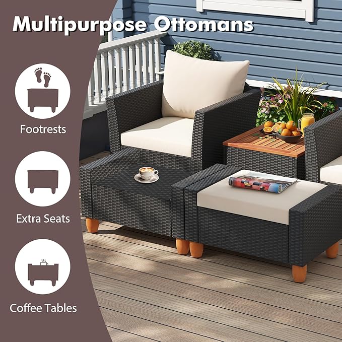 Tangkula 5 Pieces Patio Furniture Set, PE Rattan Chairs with Storage Table, Ottomans, Soft Pillows & Cushions, Acacia Wood Tabletop & Legs, Outdoor Conversation Set for Porch, Garden (White)