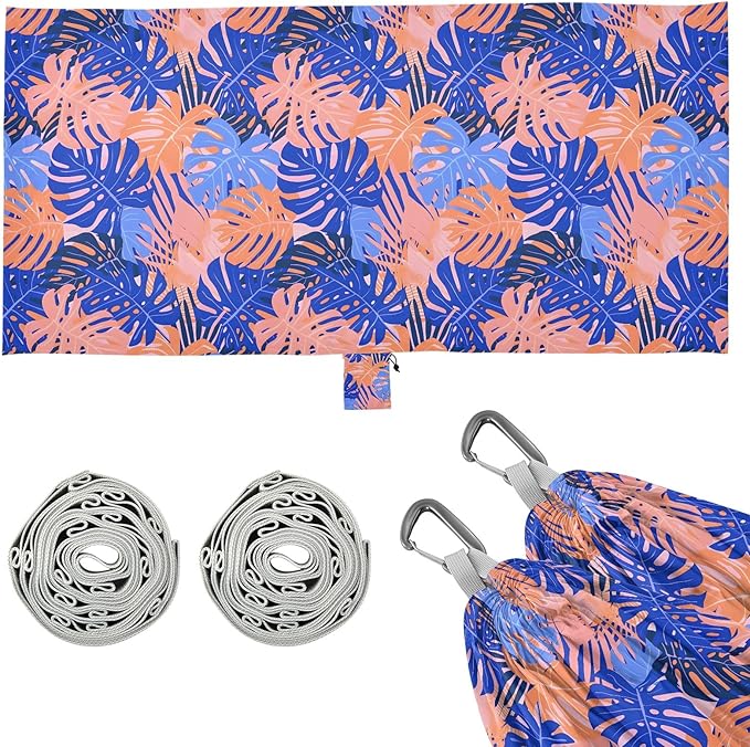 Camping Hammock Outdoor Hammocks for Outside Blue Pink Tropical Leaf Beach Trees Portable Lightweight with Pockets Tree Straps Indoor