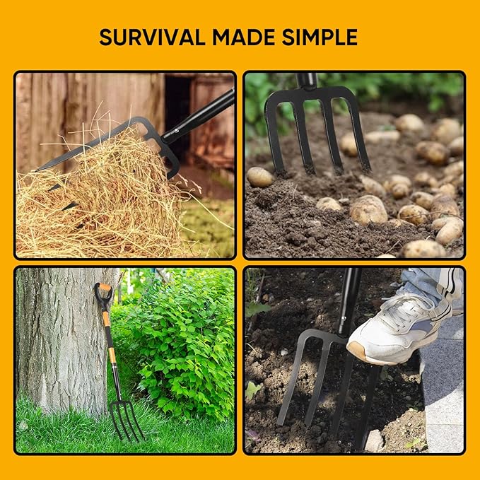 Garden Fork with Ergonomic Handle, Fiberglass Handle，4-Tine Pitchforks for Gardening Digging Composting Spading.