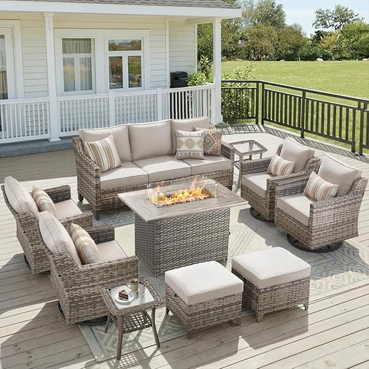 Patio Furniture Set with 42.5" Fire Pit Table-10 Pieces All Weather Wicker Outdoor Furniture with High Back Swivel Patio Chairs Set of 4 Outdoor Patio Conversation for Deck Garden Beige/Gray