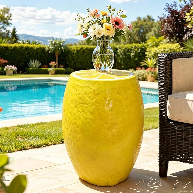 14'' Garden Fruit Design Stool, Decorative Patio Side Tables for Outside / Indoor, Drum Table & Plant Stands Stools for Patio Balcony Living Room, Home Decor, Weather-Resistant (Yellow, Lemon)