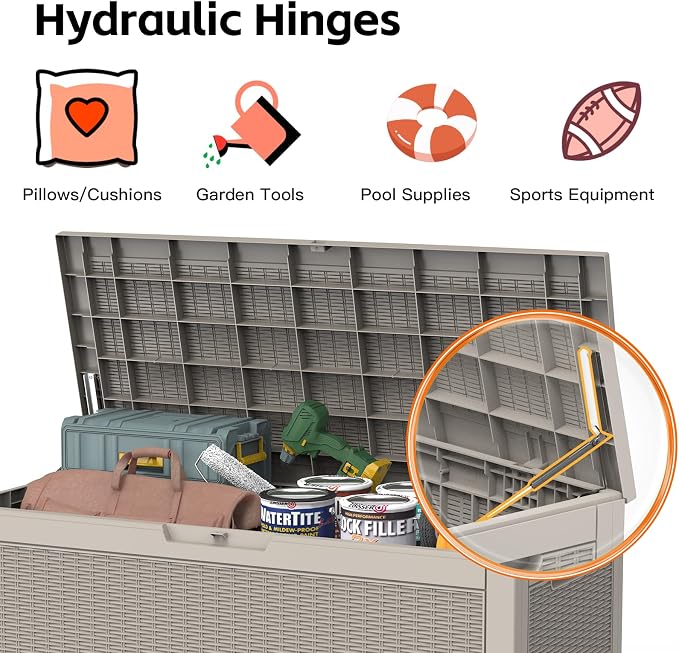 Mars Villa 100 Gallon Outdoor Storage Box, Large Resin Deck Box Waterproof, for Outside Patio Furniture Cushion, Pool Supply, with Hydraulic Hinge, UV-Resistant and Weatherproof, Rattan Greige