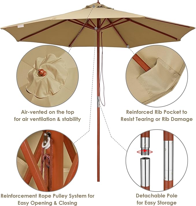 9 Ft Wooden Patio Umbrella 8 Ribs Table Parasol Rope Pulley Outdoor Garden Yard