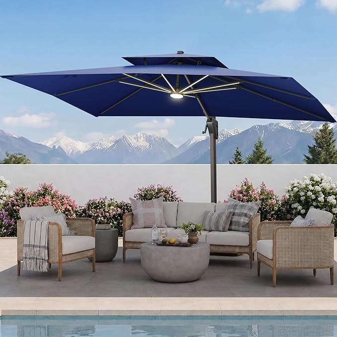 10 X 13 FT Cantilever Patio Umbrella with Led Lights Heavy Duty Windproof Double Top Large Rectangle Offset Umbrellas with 360-degree Rotation for Garden Pool Deck Backyard, Navy