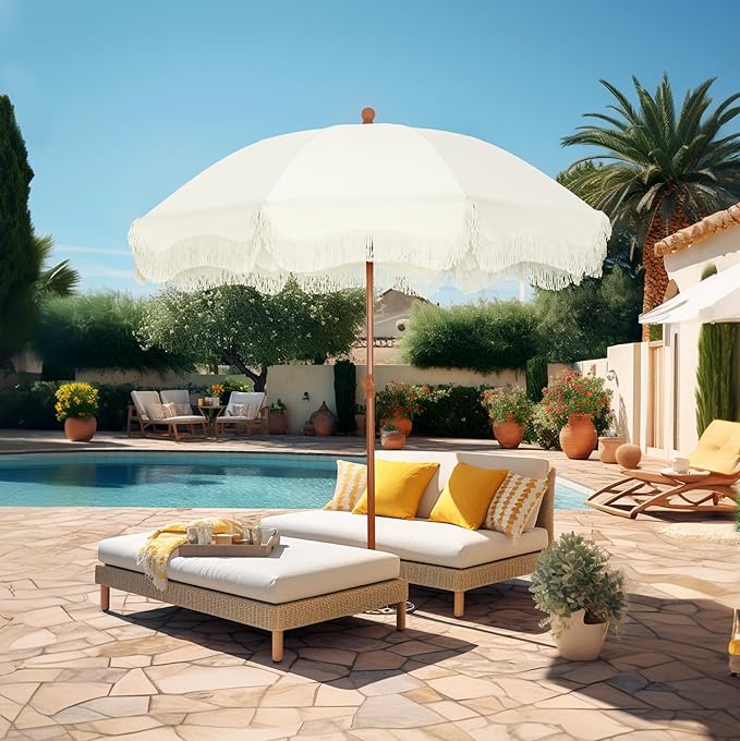 HERA'S PALACE 7ft Heavy Duty Beach Umbrella with Sand Anchor, Fringe Umbrella for Sand, UV 50+, Patio Umbrella with Tilt Pole for Garden Pool Backyard