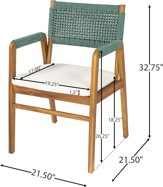 Christopher Knight Home 6-Piece Outdoor Dining Set, Acacia Wood Patio Table with Brown Wicker Bench and 4 Green Wicker Armchairs, Teak Finish, Beige Cushions, Backyard Garden Deck Furniture