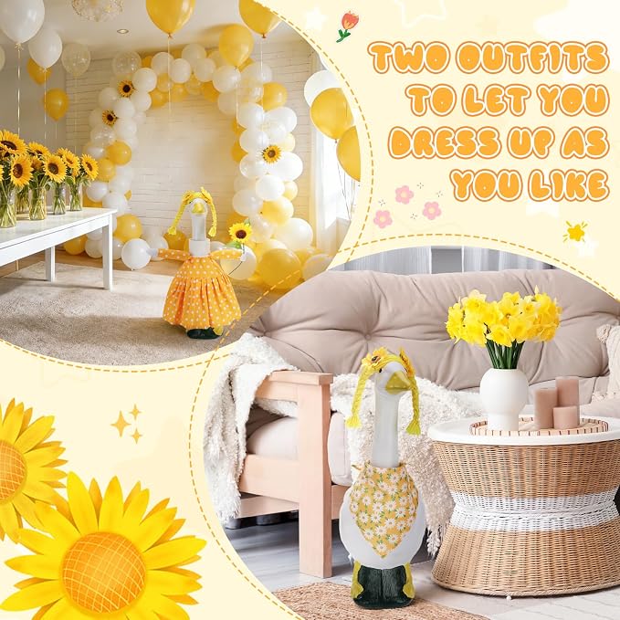 4pcs Sunflower Porch Goose Outfit for 23 Inch Geese Lawn | Summer Porch Goose Clothes with Polka Dot Dress Floral Bandana Yarn Braid Wig Sunflower Prop for Patio Yard Decor