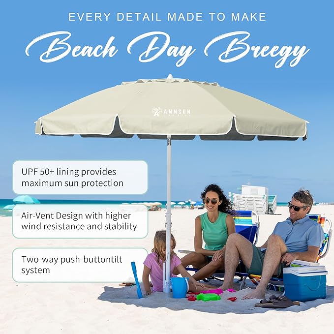 AMMSUN 8 Feet Large Beach Umbrella with Sand Anchor Heavy Duty High Wind Portable Outdoor Umbrellas UV 50+ Protection Air Vent Tilt Patio Garden Pool