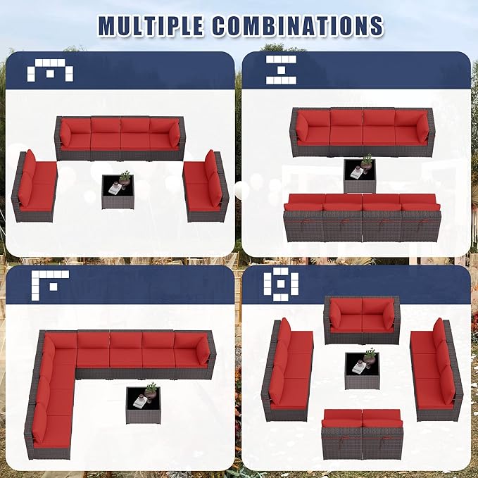 Patio Furniture Set 9pcs Outdoor Furniture for Backyard Sectional Sofa Set, Wicker Rattan Outdoor Conversation Set with 4 Inch Thickened Cushions and Coffee Table, Red
