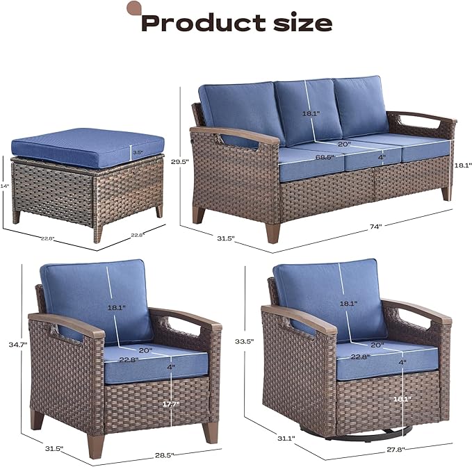 Rilyson Wicker Outdoor Patio Furniture Set - 7 Piece Patio Conversation Sets with Swivel Rocker Chairs, Chairs, Ottomans and Sofa, Thick Cushions, Waterproof Wicker, for Porch Deck Brown/Blue