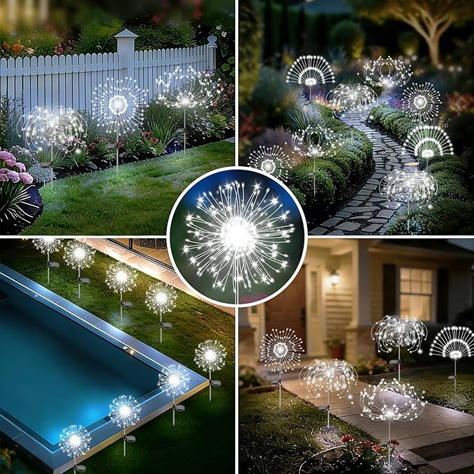 Solar Garden Lights Outdoor, 2 Pack 120 LED Twinkling Firework Lights Decorative with 2 Modes, Outdoor Waterproof Solar Starburst Light for Yard Pathway Planter Patio Decor, White